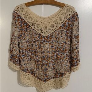 Boho Floral Crochet Trim Blouse in Cream, Mustard and Blue-gray
